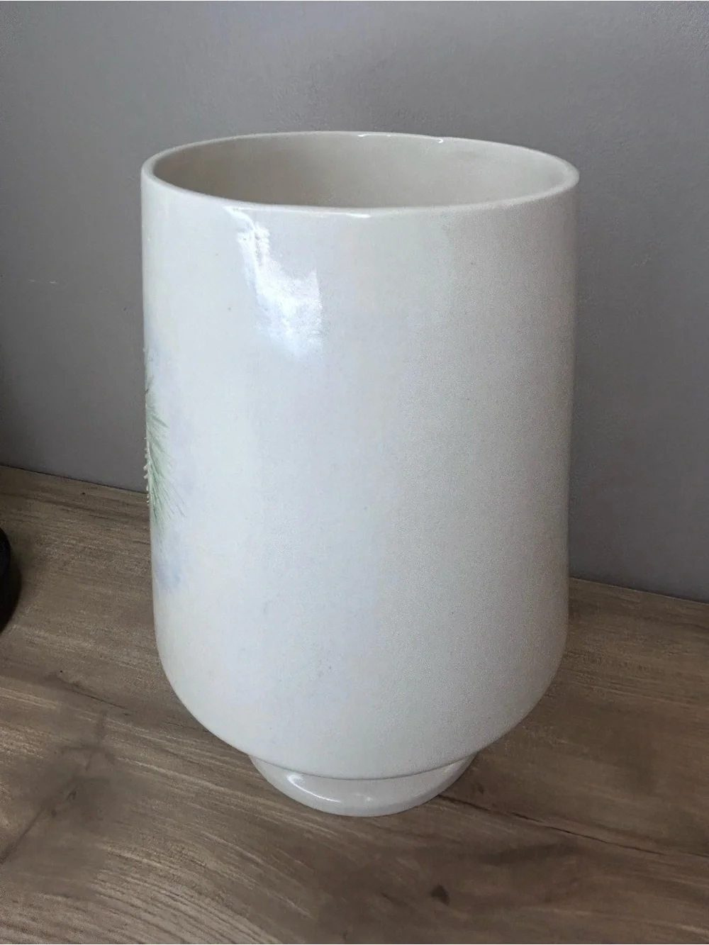 Vintage White Vase with Green and Brown Pinecone Design